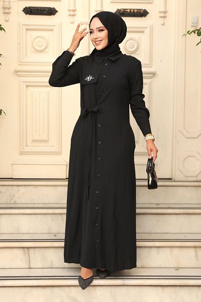 Neva Style Rochie Hijab Neagra - Nasturi, Model 12504S
