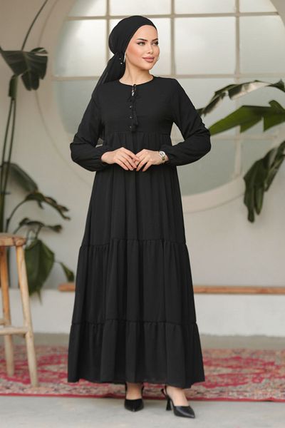Neva Style Rochie Hijab neagră plisată în straturi 22051S