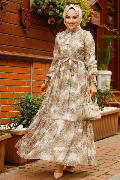 Neva Style - Rochie Hijab Bej cu Motive 33560bej
