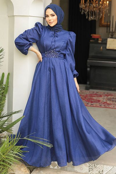 Neva Style Balloon Sleeve Navy Blue Hijab Evening Dress 45581L