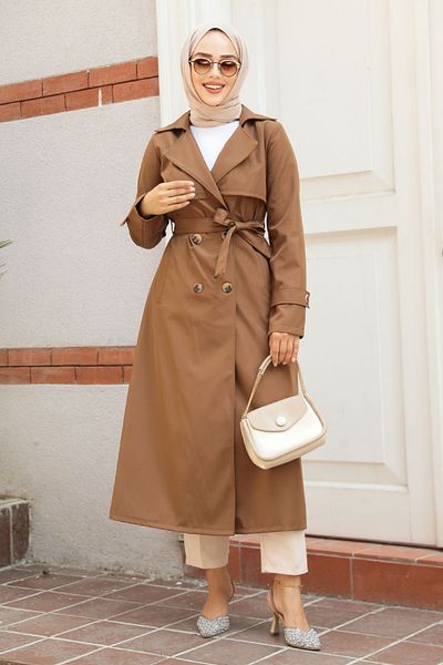 Neva Style Tan Buttoned Hijab Trench Coat 6103Tb