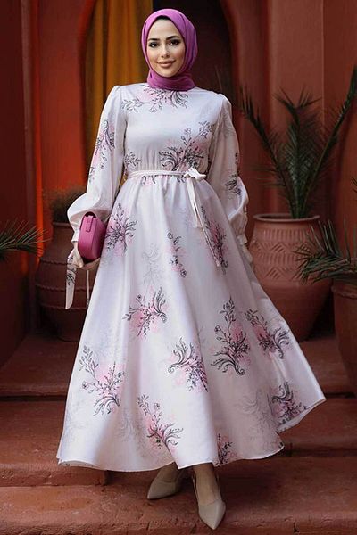 Neva Style Rochie Hijab Pudră Motiv Floral 60911PD