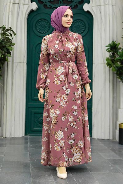Neva Style Floral Patterned Dusty Rose Hijab Dress 279080 Gk