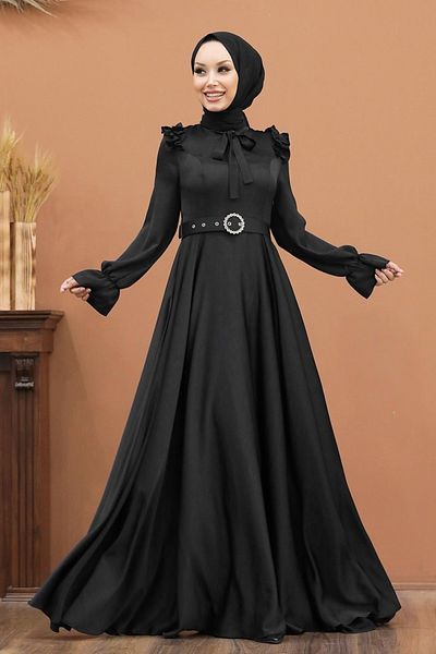 Neva Style Black Hijab Evening Dress with Shoulder and Collar Detail 27240S