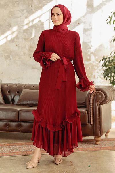 Neva Style Pleated Burgundy Hijab Dress 3856Br