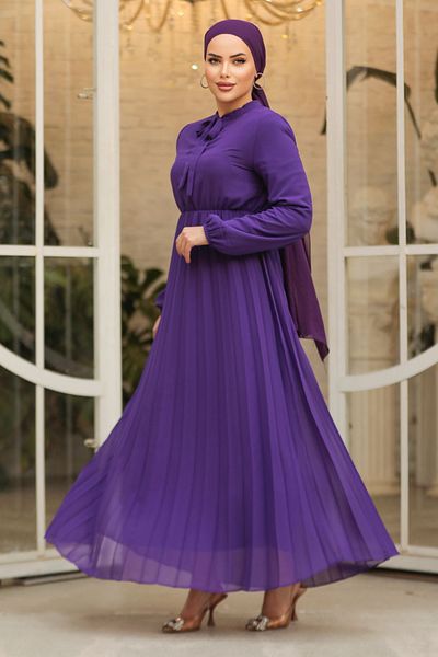 Neva Style Purple Hijab Dress with Tie Collar 50351PURPLE
