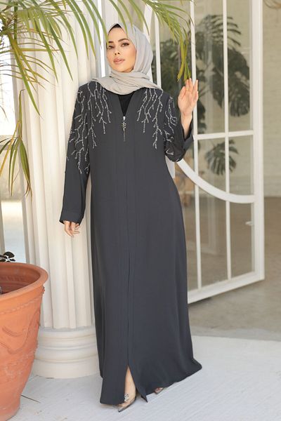Neva Style Abaya hijab brodata cu margele afumate - 29110FU