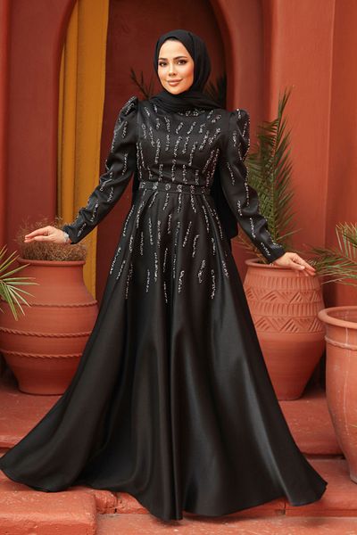 Neva Style Rochie de seară hijab neagră brodata cu margele 51891s