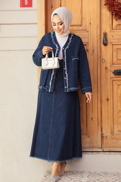 Neva Style طقم جينز أزرق داكن مع تنورة حجاب وسترة - 19012L