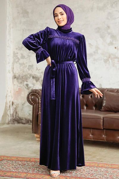 Neva Style - Rochie mov din catifea Hijab cu centura 37291violet