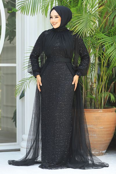Neva Style Sequin Sequined Black Hijab Evening Dress 5441S