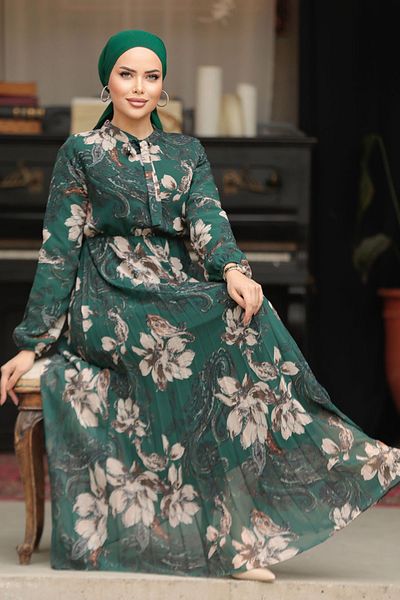 Neva Style Rochie musulmană verde smarald cu imprimeu floral 50355ZY