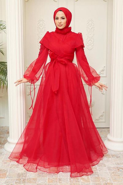 Neva Style Rochie de seara hijab rosie cu margele 22331k