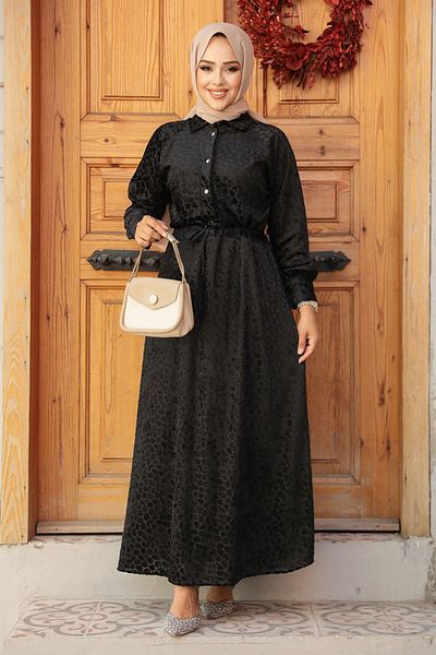 Neva Style Leather Look Black Hijab Dress 92690S
