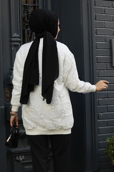 Neva Style سترة حجاب بيضاء مزينة بالدانتيل - 20003B