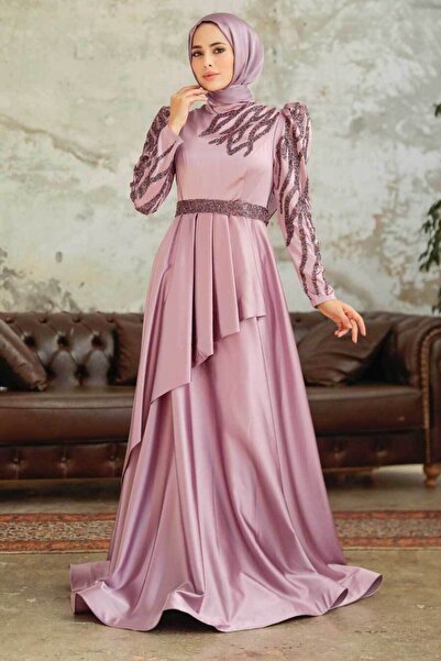 Neva Style Beaded Lilac Satin Hijab Evening Dress 22671Lila