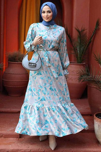 Neva Style فستان حجاب تركواز منقوش بالزهور 60901TR