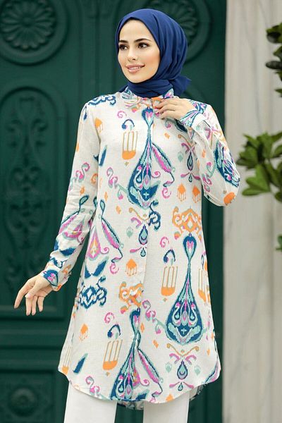 Neva Style - تونيك فيسكوز حجاب منقوش باللون الأزرق الداكن 11676l