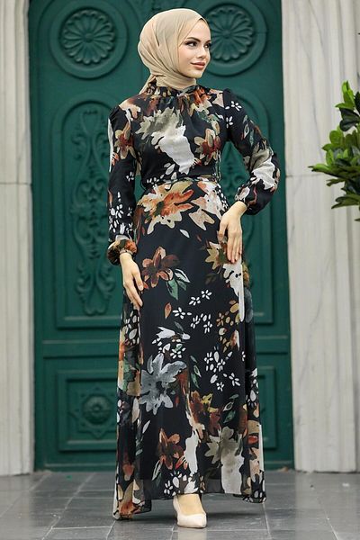 Neva Style - Rochie Hijab Neagră cu Motiv Floral 27942s