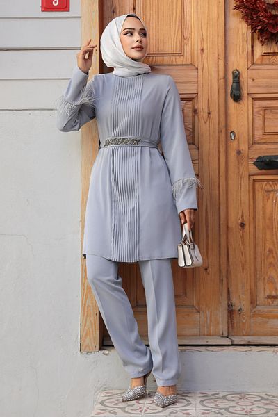 Neva Style طقم حجاب رمادي مزدوج بتفاصيل ريشة 34071gr