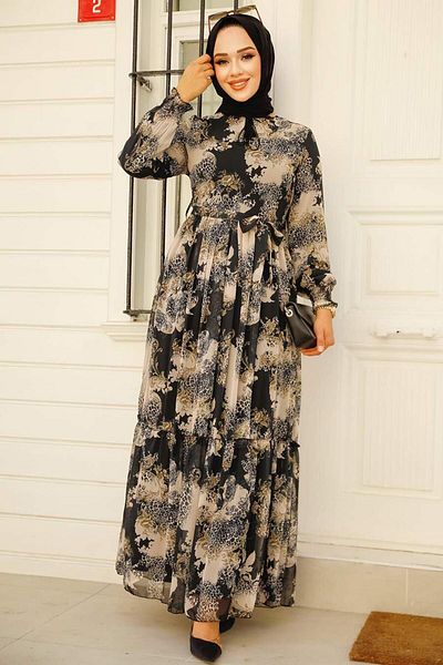 Neva Style - Rochie hijab neagră cu model 33560s