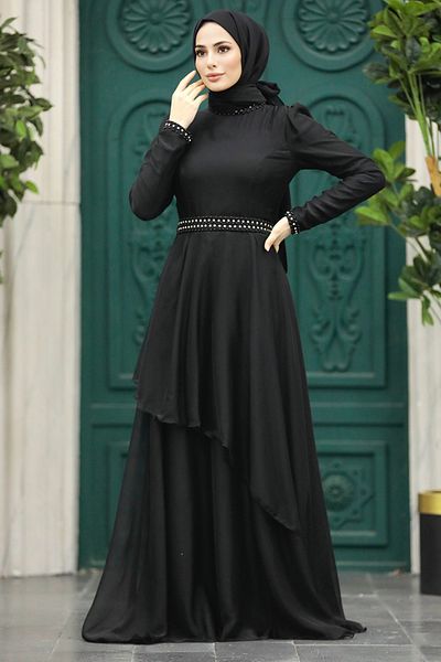 Neva Style Pearl Detailed Black Hijab Evening Dress 22223S