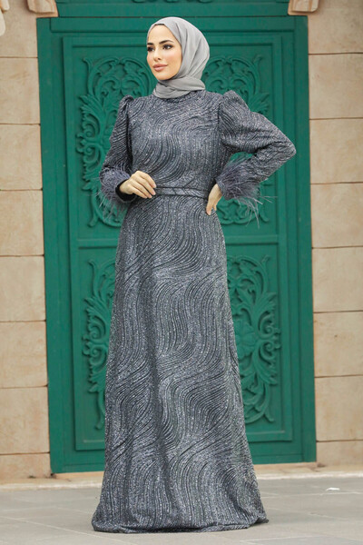 Neva Style Silvery Anthracite Hijab Evening Dress 2323Ant
