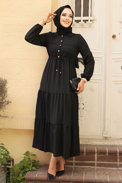 Neva Style - Rochie Hijab neagră cu nasturi 5720s