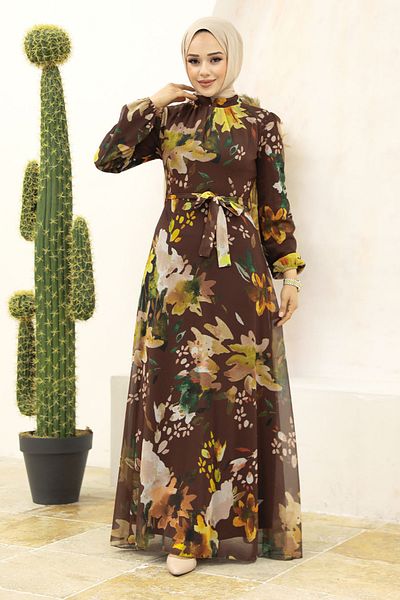 Neva Style Φόρεμα Hijab Καφέ με Floral σχέδιο 27942kh