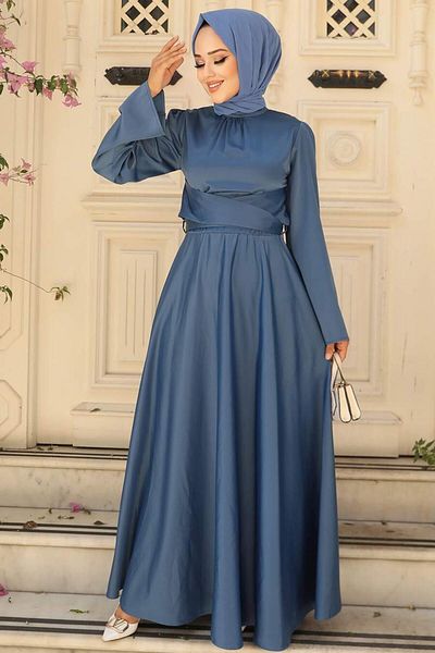 Neva Style Βραδινό φόρεμα Indigo Blue Hijab Satin 6105ım