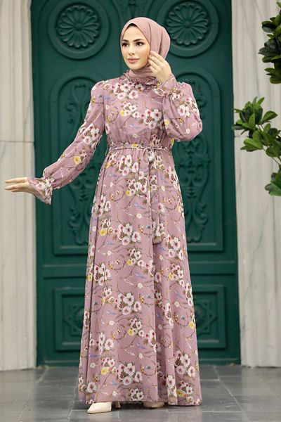Neva Style Floral Patterned Powder Hijab Dress 29711Pd