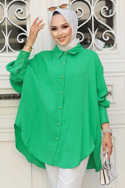 Neva Style - Cămașă verde hijab lung pe spate 10236y