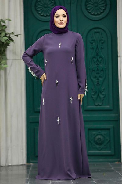 Neva Style - Rochie Hijab Liliac cu Detaliu Mărgele 30024lıla