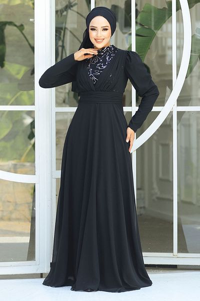 Neva Style فستان سهرة حجاب - فستان سهرة حجاب فضي مزين بالترتر 56280 جم