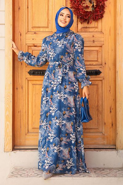 Neva Style Φόρεμα Hijab με μοτίβο λουλουδιών Indigo Blue 29710ım