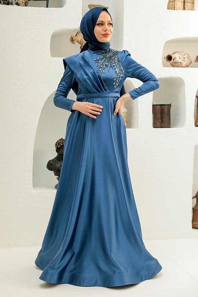 Neva Style Βραδινό φόρεμα με χάντρες Indigo Blue Hijab 22441ım