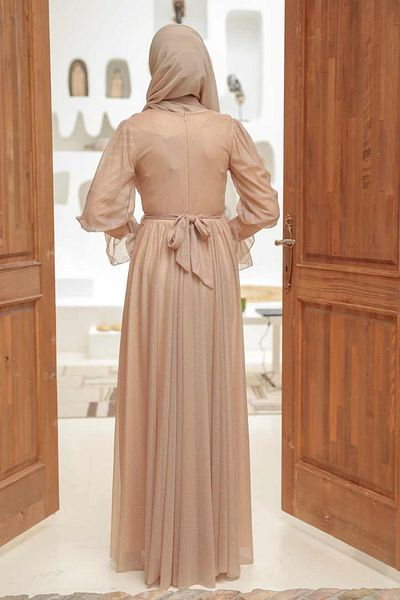 Neva Style Rochie de seara Hijab Biscuit cu sclipici 5367bs
