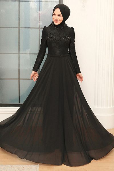 Neva Style Βραδινό φόρεμα με χάντρες μαύρο χιτζάμπ 762s