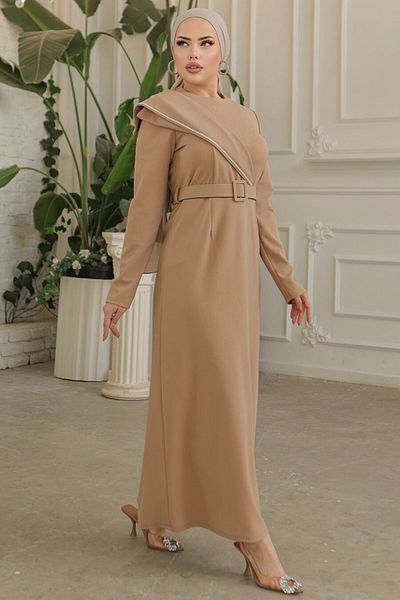 Neva Style Buckle Belted Biscuit Hijab Evening Dress 664Bs