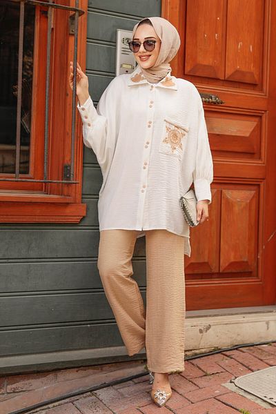 Neva Style Buttoned Biscuit Hijab Double Set 54121BS