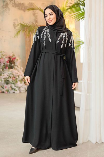 Neva Style Hijab negru cu model de broderie Ferace 29104S