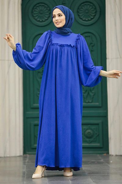 Neva Style Μπαλόνι μανίκι Sax Blue Hijab Φόρεμα 5887sx