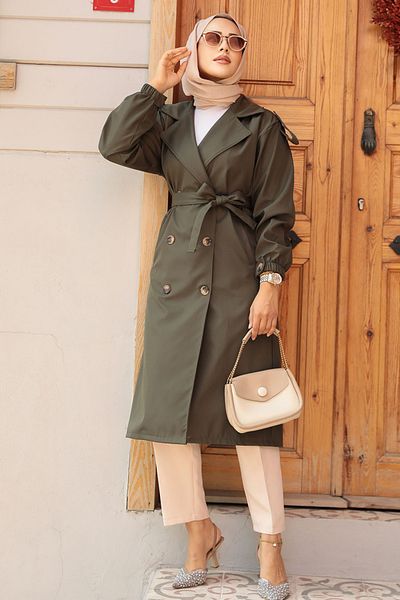 Neva Style Trench modest kaki închis - cu nasturi, 647KHK