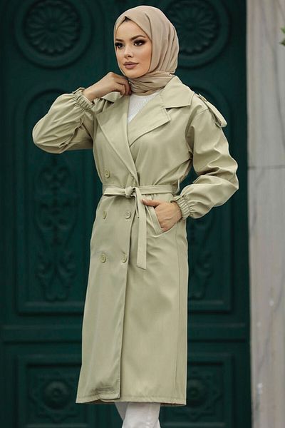 Neva Style Buttoned Light Khaki Hijab Trench Coat 647Ahk