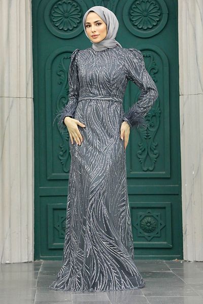 Neva Style Rochie de seara Hijab - Rochie de seara Hijab afumata cu sclipici 23061fu