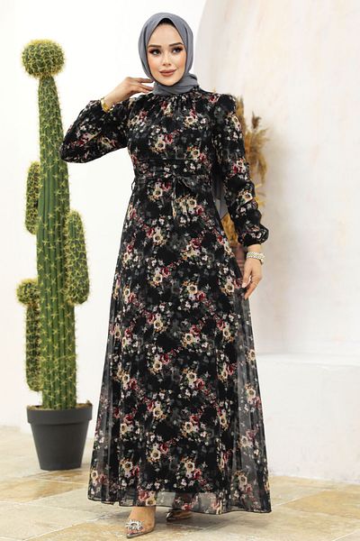 Neva Style Rochie neagră cu hijab cu modele florale 27947s