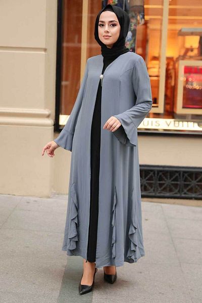 Neva Style Ruffle Detailed Gray Hijab Abaya 1535Gr