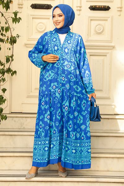 Neva Style Turquoise Patterned Hijab Dress - 23453tr