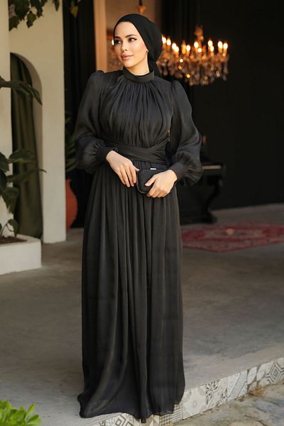 Neva Style Rochie de seară hijab neagră cu mânecă balon 46221s