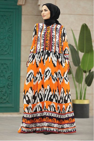 Neva Style Rochie Atlas Hijab Portocaliu cu Motiv Floral 5037t